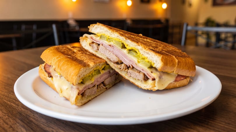 A Cuban sandwich, cut in half, filled with ham, pork, cheese, pickles, and mustard on a white plate.