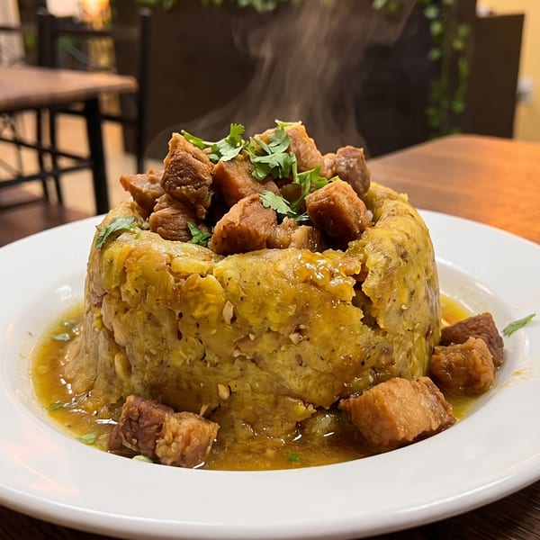 Steaming mofongo with chunks of pork and cilantro on a white plate at a restaurant.