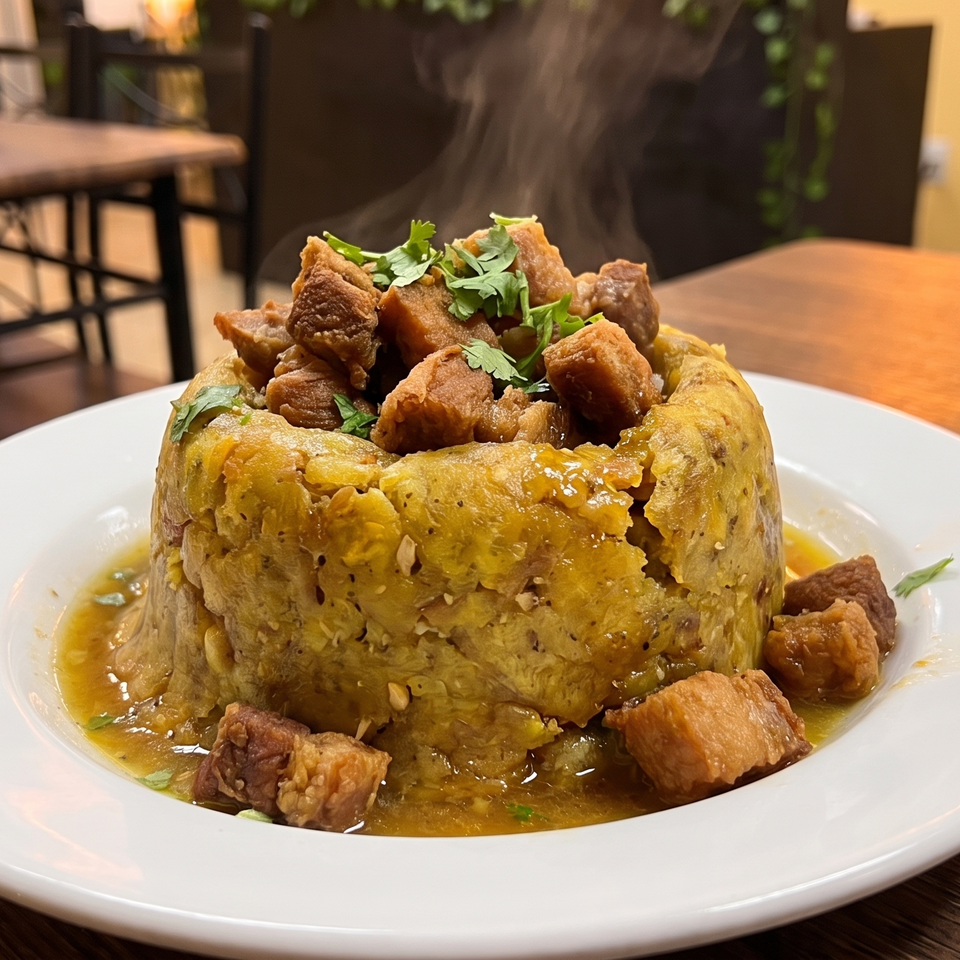 Steaming mofongo with chunks of pork and cilantro on a white plate at a restaurant.